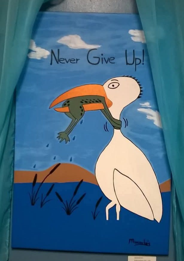 Never Give Up! — acrílico sobre lienzo, 24 × 36 in