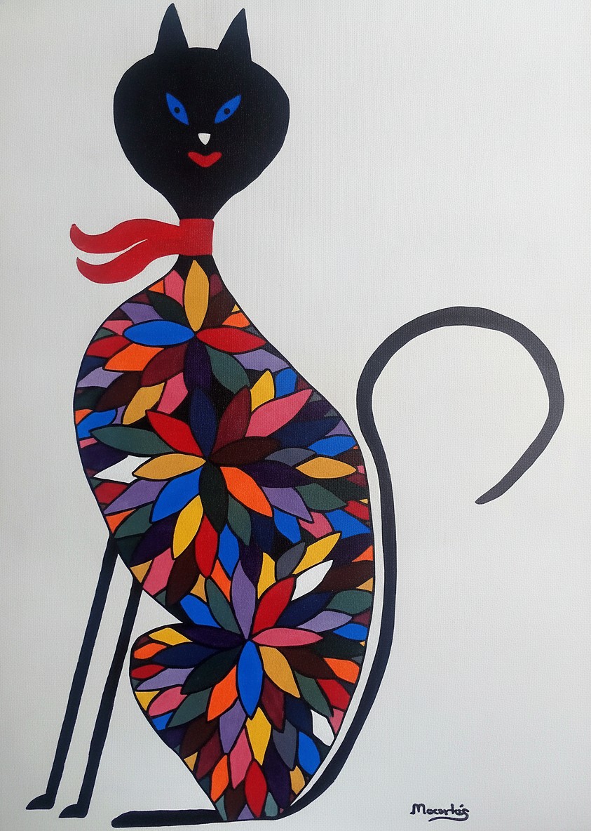 Colorful Cat — acrílico sobre lienzo, 24 × 36 in