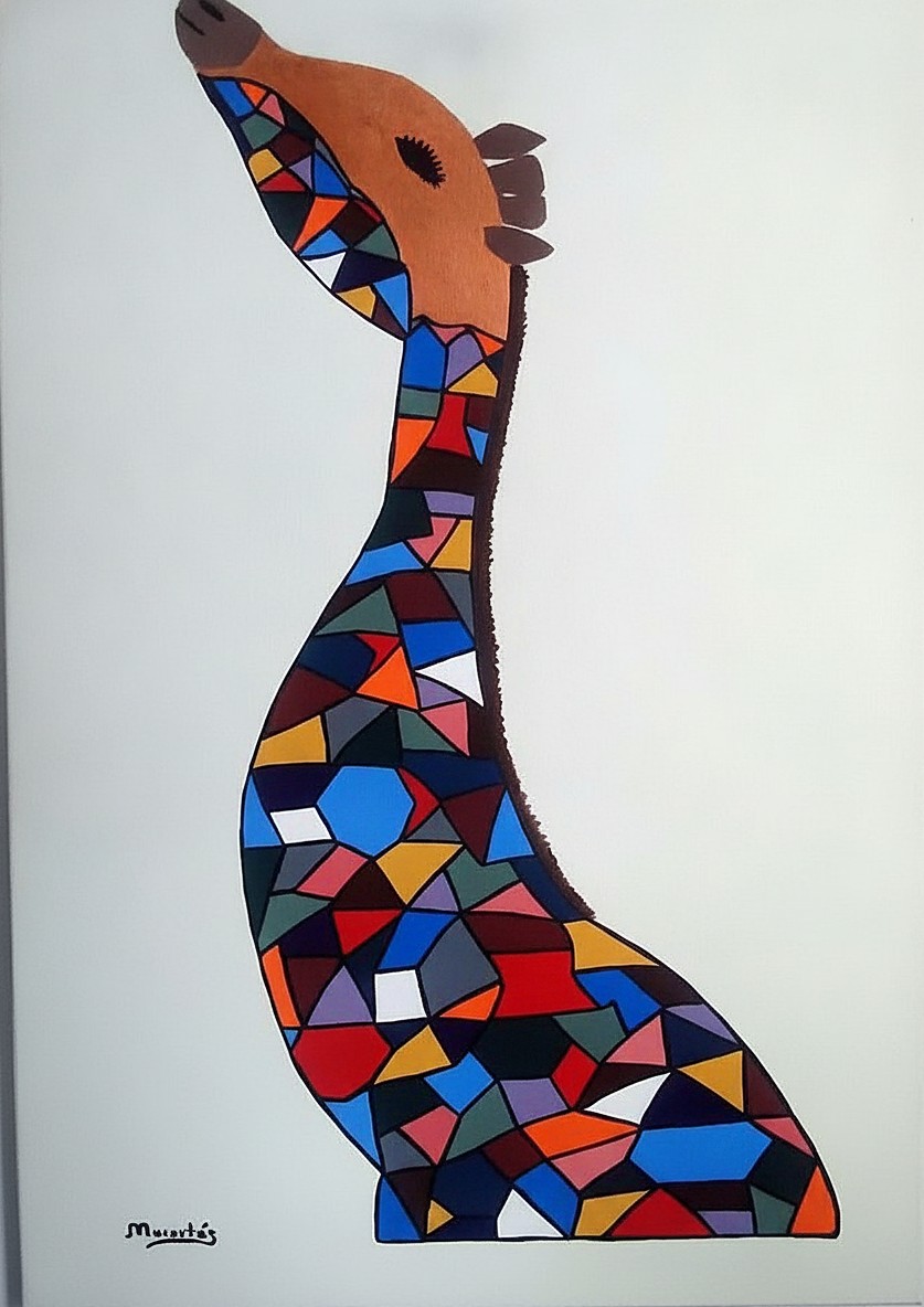 Colorful Giraffe — acrílico sobre lienzo, 24 × 36 in